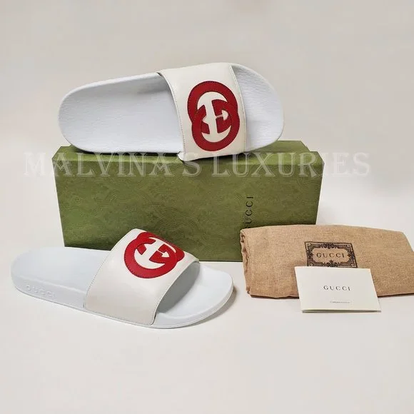 GUCCI SHOES WHITE LEATHER SLIDES INTERLOCKING G LOGO FLIP FLOPS sz IT 39 US 9